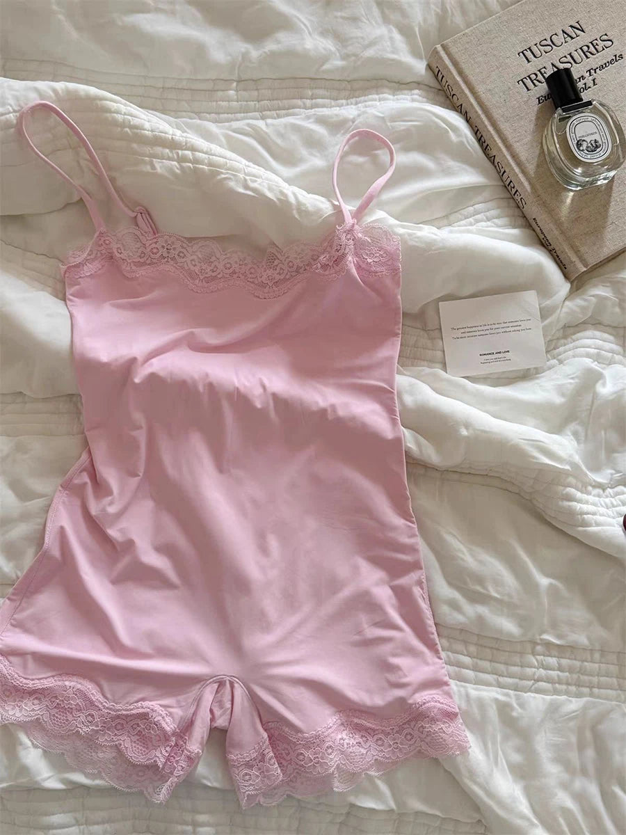 Lace Trim Slim Playsuits Woman High Elasticity Adjustable Strap Skinny Bodysuit Solid Fashion Streetwear Smooth One-piece Tops - Matrix Studios