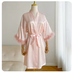 White Bride Wedding Robe with Feathers Women Satin Peignoir Sexy Bridesmids Kimono Gowns Short Bathrobe Bridal Intimate Lingerie - Matrix-studios.com