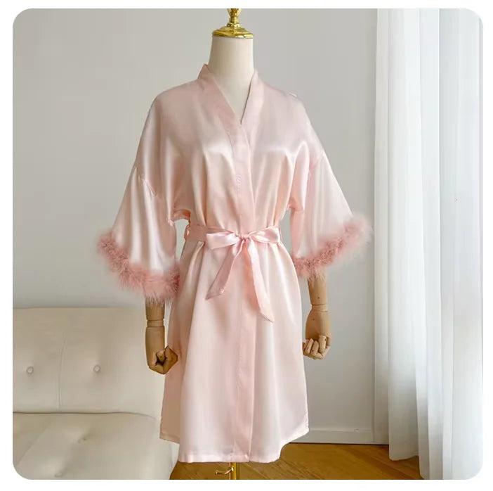 White Bride Wedding Robe with Feathers Women Satin Peignoir Sexy Bridesmids Kimono Gowns Short Bathrobe Bridal Intimate Lingerie - Matrix-studios.com