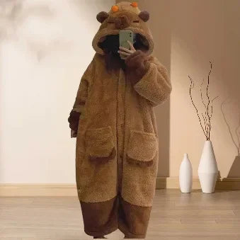 Bathrobe Woman Showerpadded Warm Plus Size Cartoon Bear Pajamas Coffee Color Dressing Gown Coral Velvet One-Piece Pajamas - Matrix-studios.com