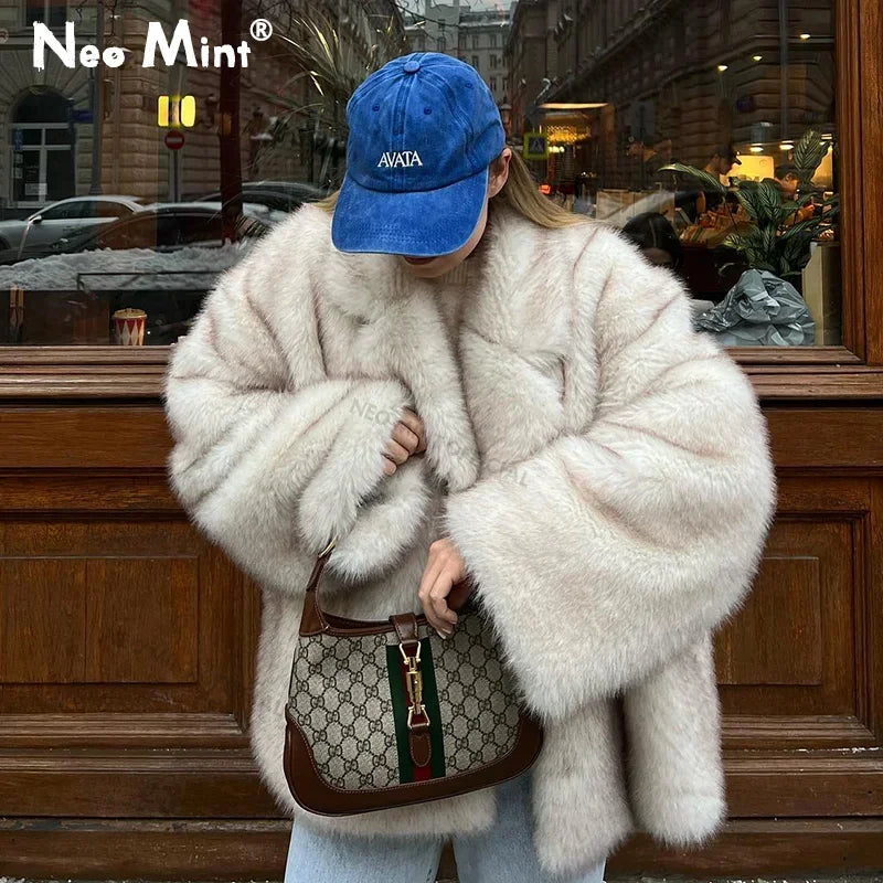 Neo Mint 2024 Winter Ins Hot Fashion Girls Oversized Gradient Fur Coat Women Thick Warm Outerwear Fluffy Faux Fox Fur Jacket - Matrix Studios