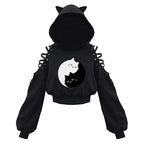 Y2k Gothic Womens Hoodie Cat Ear Crop Top Hooded Sweatshirt Hollow Out Lace Up Long Sleeve Hodded Casual Pullover Autumn - Matrix Studios
