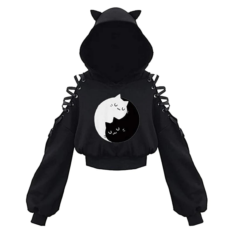 Y2k Gothic Womens Hoodie Cat Ear Crop Top Hooded Sweatshirt Hollow Out Lace Up Long Sleeve Hodded Casual Pullover Autumn - Matrix Studios