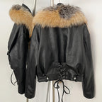 OFTBUY Women's Faux Leather Moto Jacket with Real Fox Fur Collar PU Leather Cropped Biker Coat with Lace-Up New Winter Outerwear - Matrix Studios