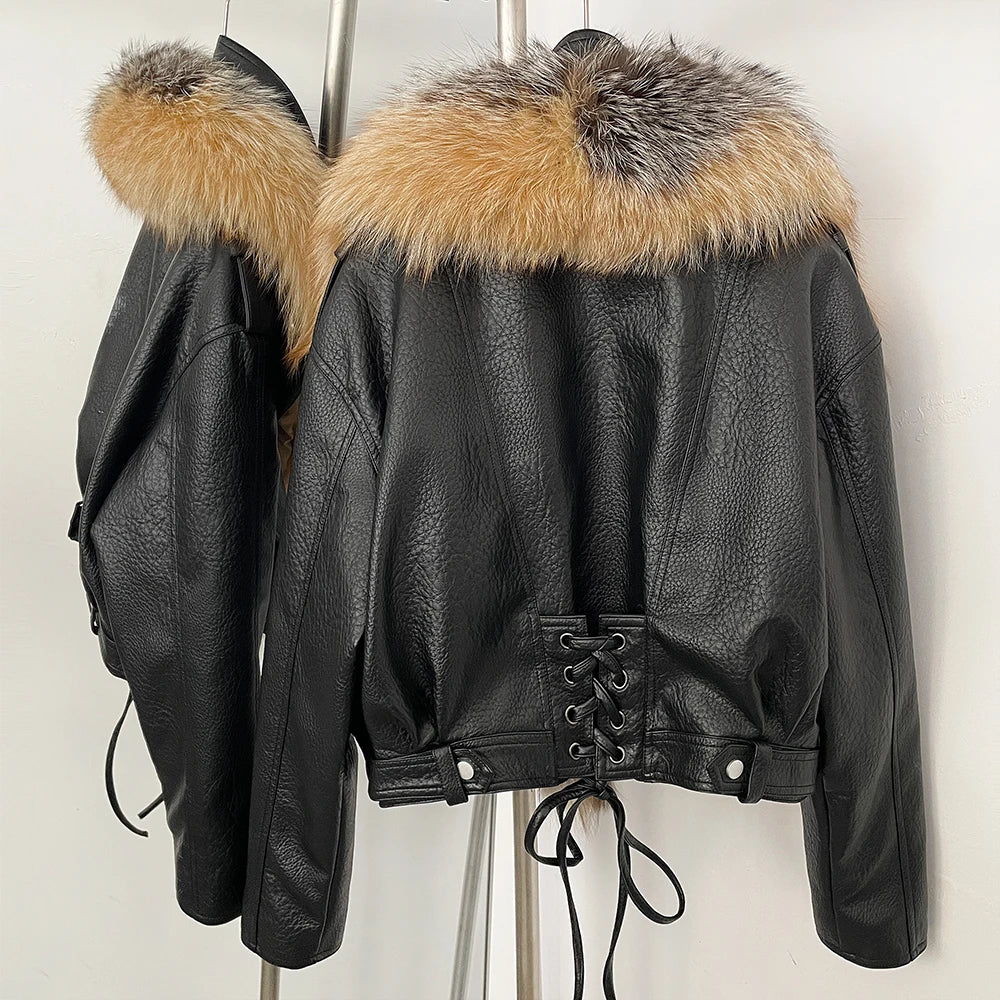 OFTBUY Women's Faux Leather Moto Jacket with Real Fox Fur Collar PU Leather Cropped Biker Coat with Lace-Up New Winter Outerwear - Matrix Studios