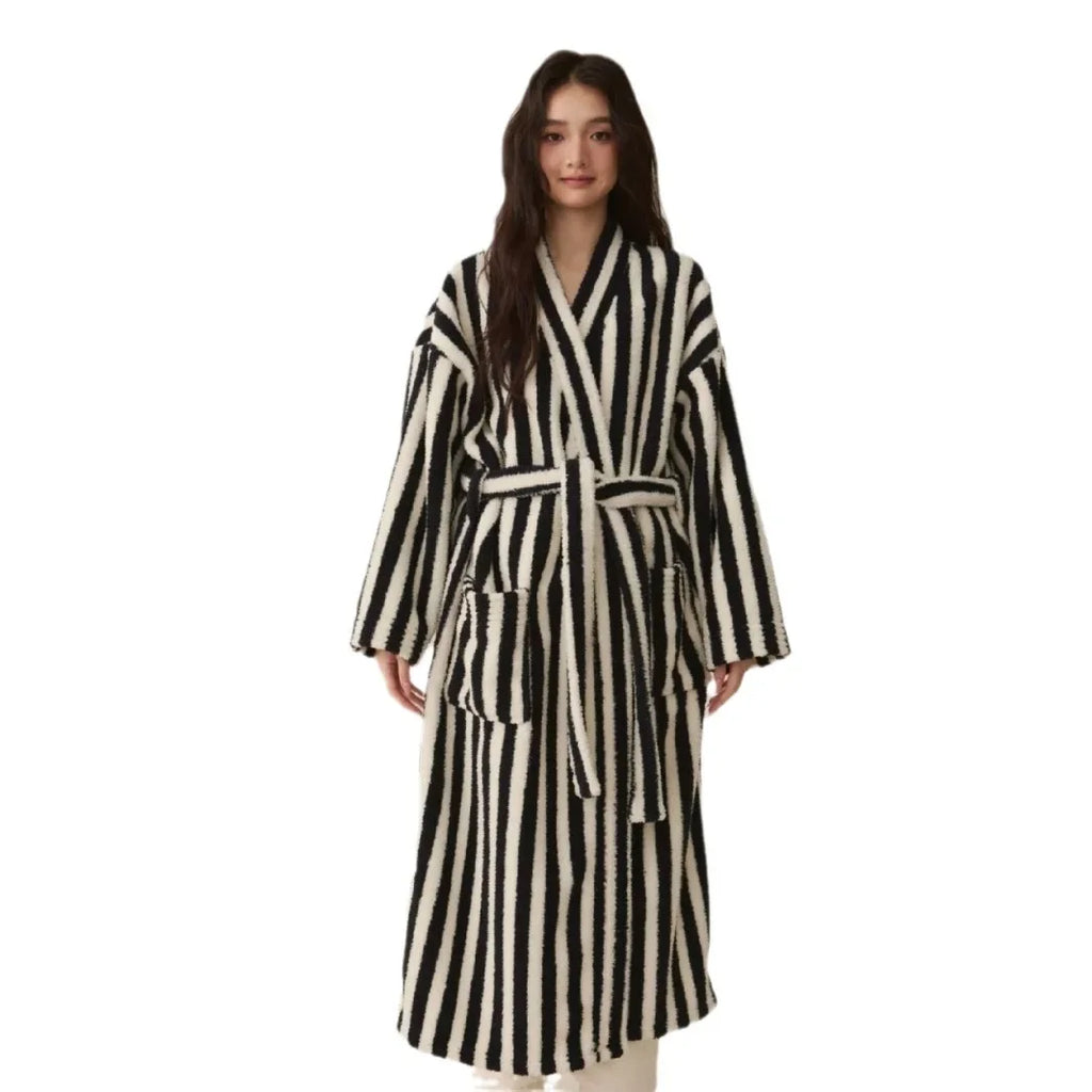 Thickened Flannel Robe Pants Pajamas Set Autumn Winter New Couple Coral Velvet Women Men Bathrobe Striped Lengthed Home Clothes - Matrix-studios.com