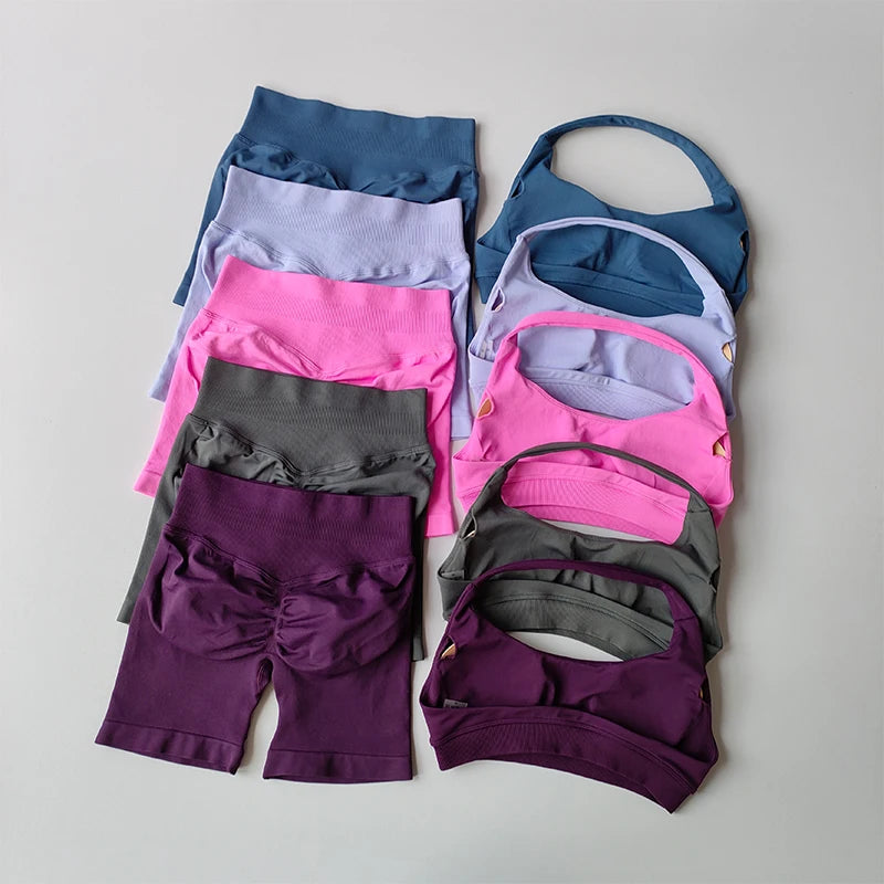 Sexy Halter Neck Beautiful Back High Waist Peach Sports Bras Shorts Suit Pilates Gathering Yoga Vest Training Fitness Bra Sets - Matrix-studios.com