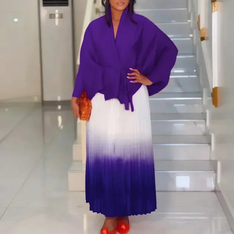 Autumn Fashion 2025 Long Sleeve V-neck Polyester Party Evening 2 Pieces Top Long Skirts Matching Sets African Clothes for Women - Matrix-studios.com