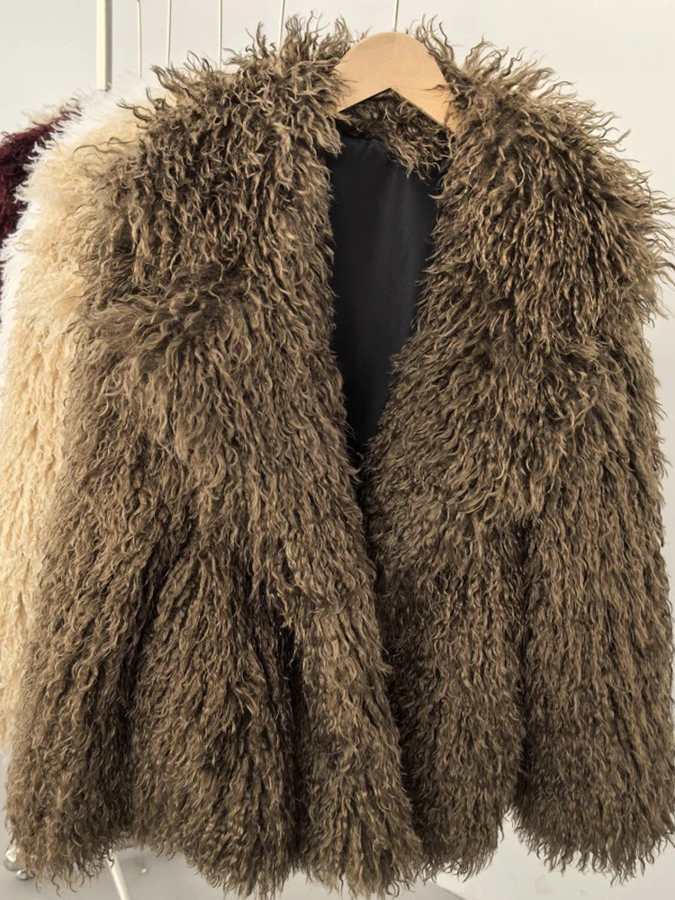 Aynaray 2025 Winter Women Faux Fur Jacket Solid Khaki Long Sleeve Thick Warm Outwear Fluffy Coat For Women - Matrix Studios