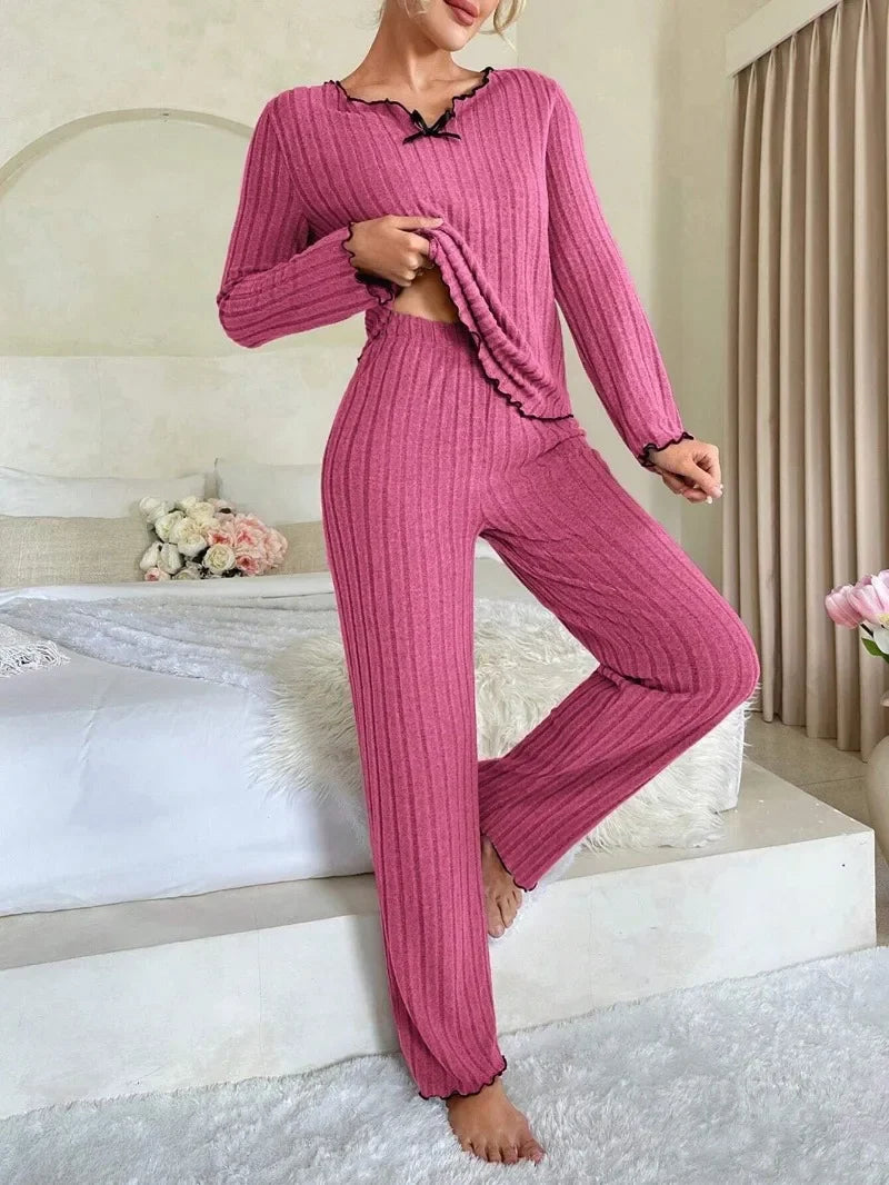 Women Autumn Winter Sleepwear Ribbed Pajamas Set Long Sleeve Top and Long Pants 2 Piece Set Casual Homewear Loungewear - Matrix-studios.com
