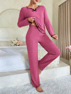 Women Autumn Winter Sleepwear Ribbed Pajamas Set Long Sleeve Top and Long Pants 2 Piece Set Casual Homewear Loungewear - Matrix-studios.com