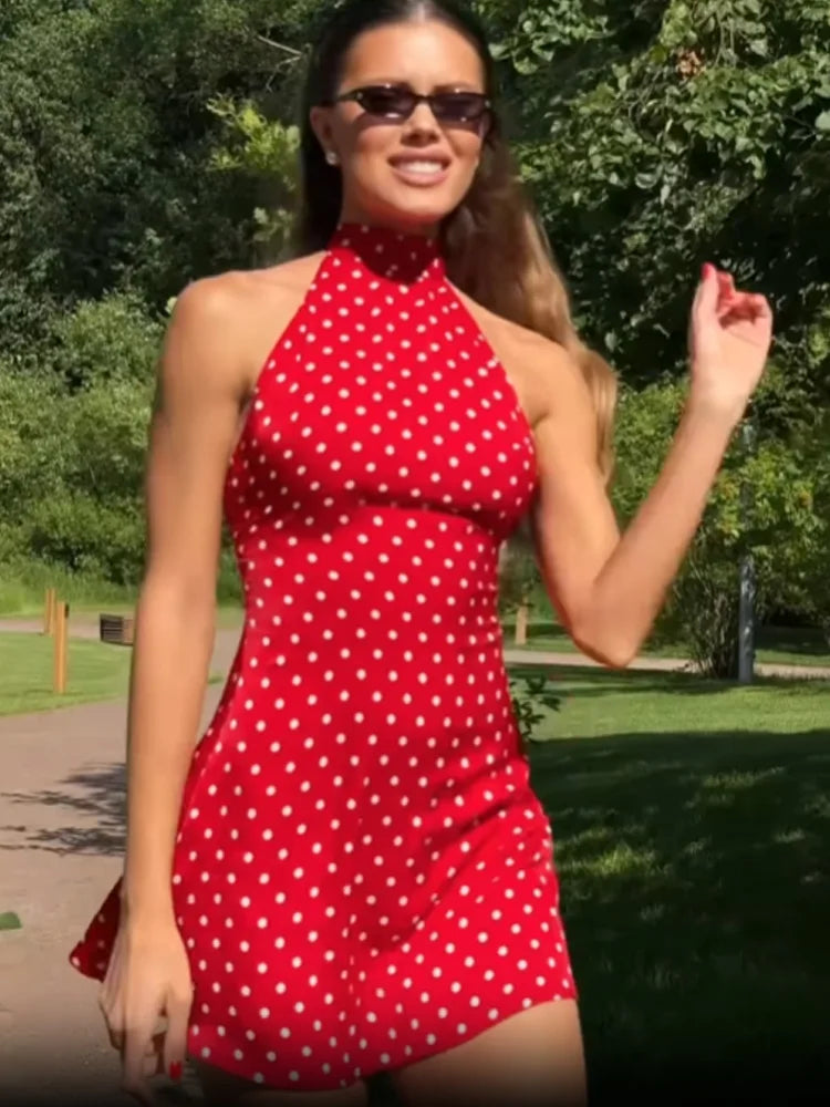 Halter Dot Printed Dresses For Women Fashion Sexy Streetwear Backless Sleeveless O-Neck Sheath Mini Vestidos Robes Female Slim - Matrix-studios.com