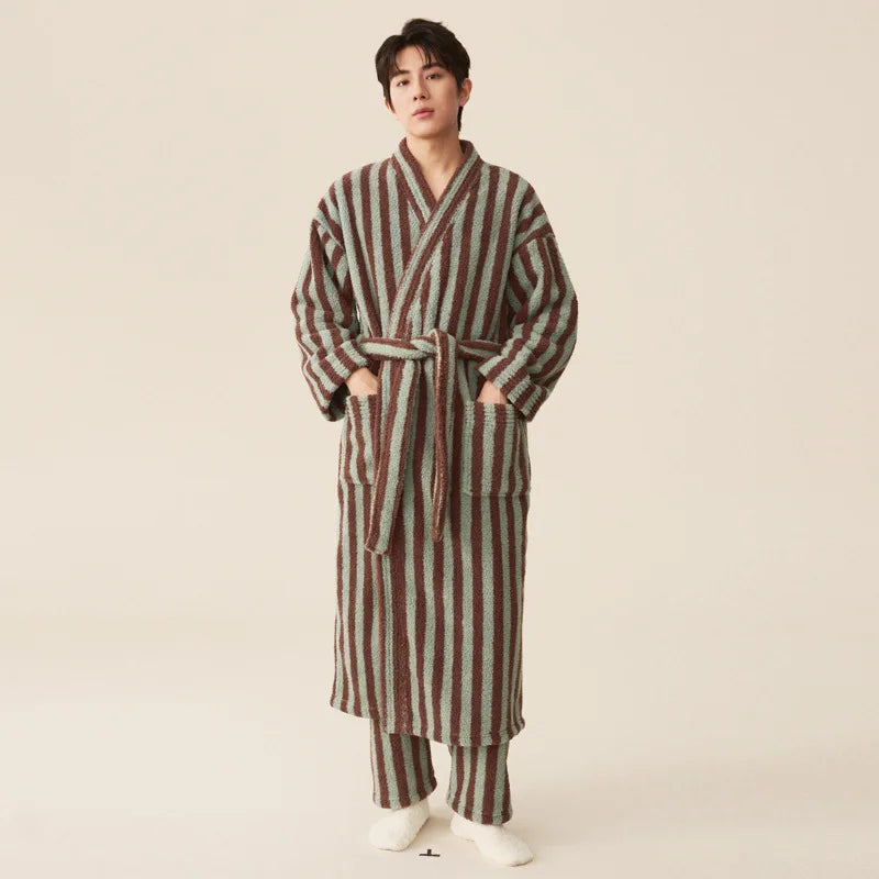 Thickened Flannel Robe Pants Pajamas Set Autumn Winter New Couple Coral Velvet Women Men Bathrobe Striped Lengthed Home Clothes - Matrix-studios.com
