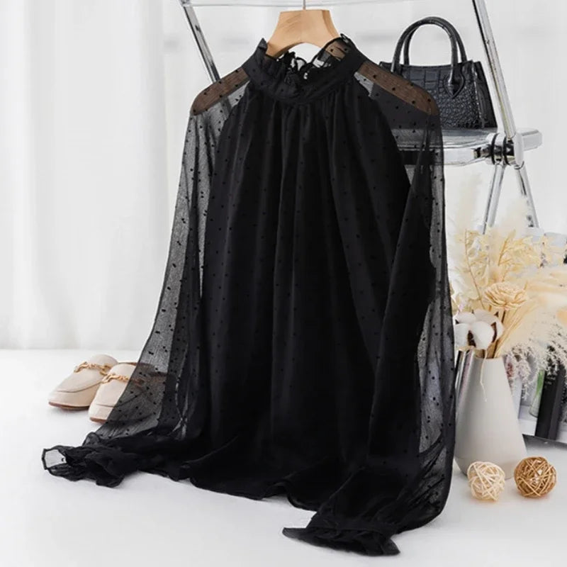 Spring Summer Black Polka Dots Mesh Women's Chiffon Blouses 2025 New Long Sleeve Stand Collar Vintage Loose Shirts Female - Matrix-studios.com