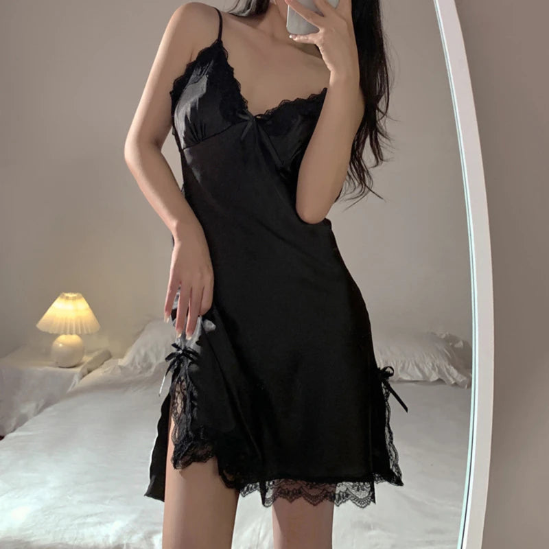 Sexy Lace V Neck Lingerie Dresses Women Night Dress Satin Sleepwear Lace Up Sleepwear Sleeveless Night Gown Bathrobe Nightdress - Matrix-studios.com