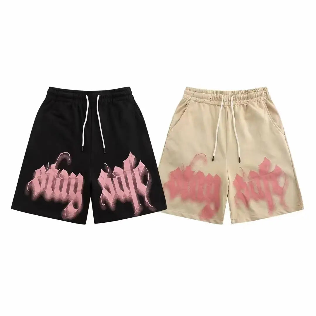 American Trend New Retro Sports High Street Pink Letters Versatile Tide Brand Summer Shorts Casual Printing Loose Shorts for Men