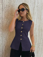 Summer New Arrival Elegant Knit Round Neck Waistcoat Women Leisure Fashion Single-breasted Sleeveless Vest Slim Fit Cardigan Top - Matrix Studios