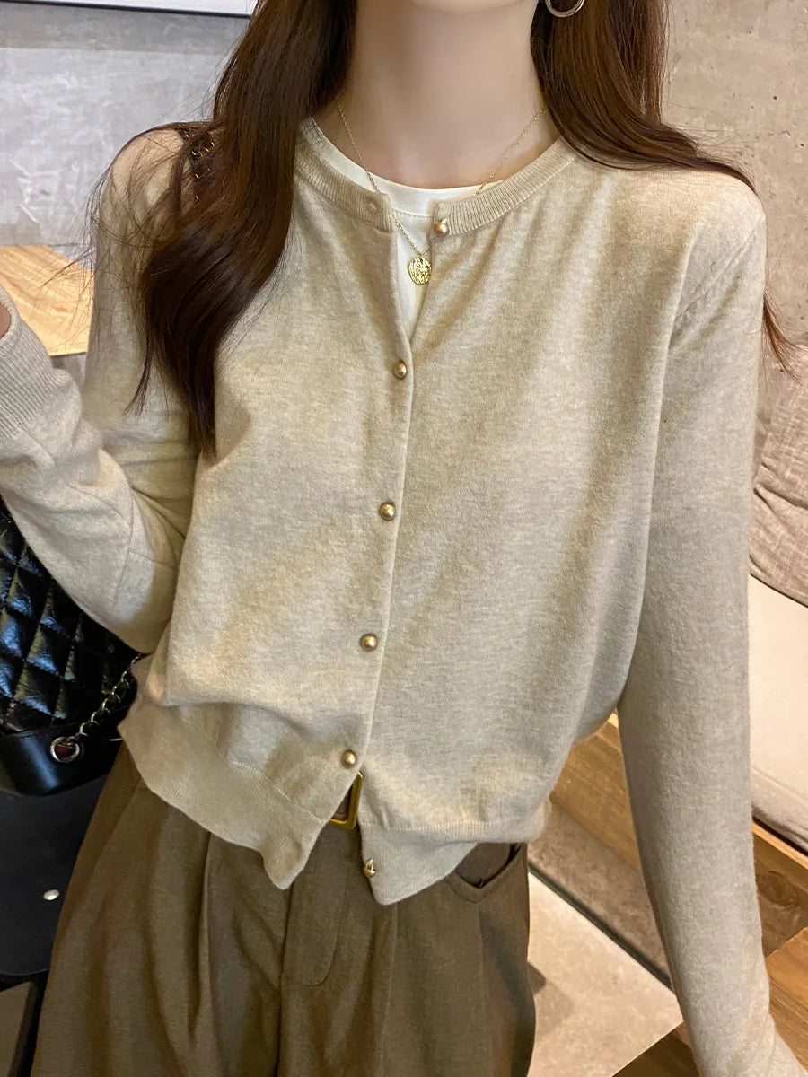 Solid Color Knitted for Women Cardigan Korean Single Breasted Long Sleeve Jumper Woman Round Neck All Match Cardigans Outwear - Matrix Studios
