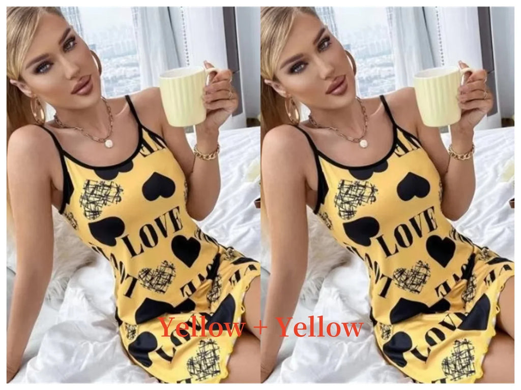 Summer New Women's Nightgown Beauty Back Thin Section Of Home Wear Sexy Halter Short Skirt Love Cartoon Cute Printing Pajamas - Matrix-studios.com