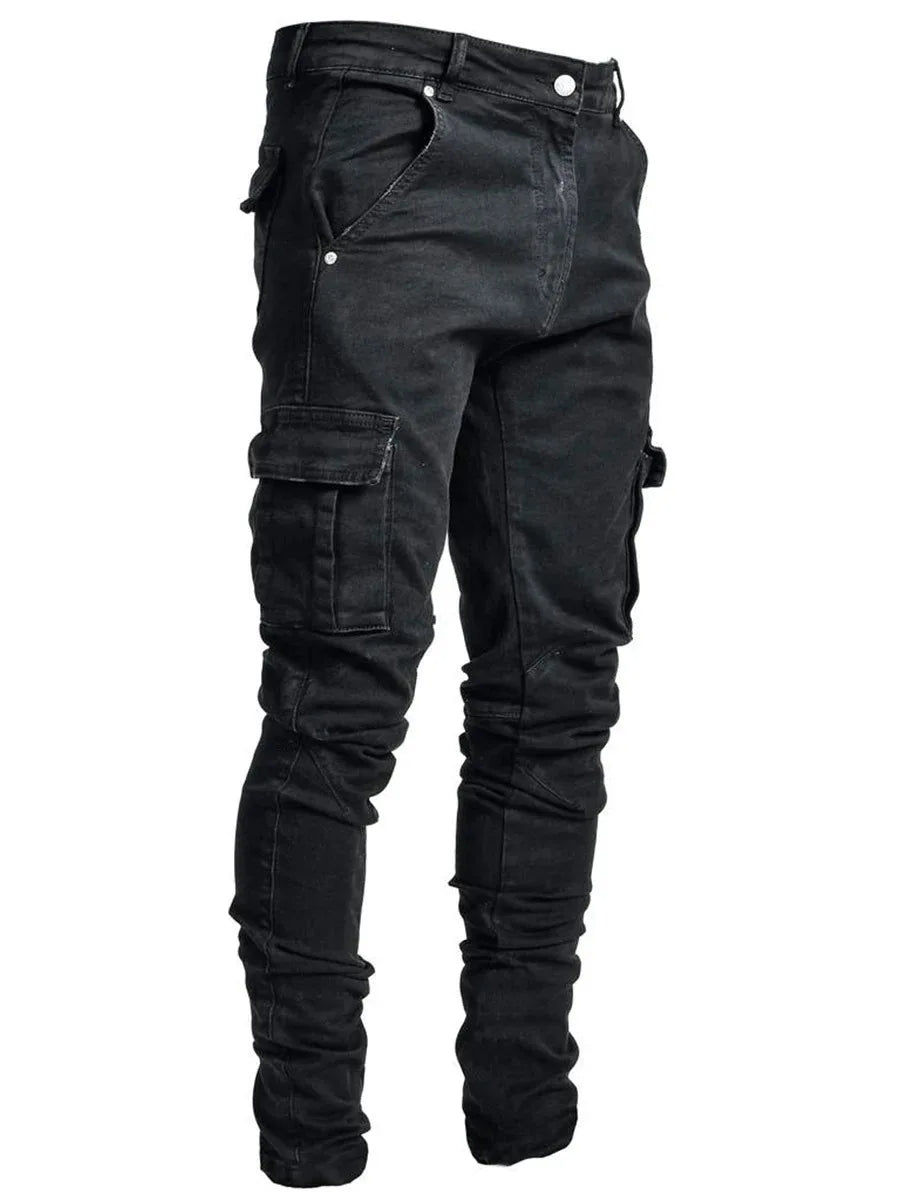 Street Elastic Jeans Men Denim Cargo Pants Wash Solid Color Multi Pockets Casual Mid Waist Trousers Slim Fit Daily Wear Joggers - Matrix Studios