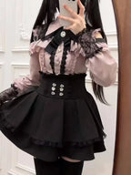 Y2k Aesthetic Lolita Style Bow Dress Shorts Set Japanese Women Gothic Lace Flare Sleeve Button Shirt Dress Punk Party Mini Dress - Matrix-studios.com