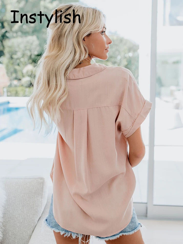 Women Elegant Solid Blouse and Shirt Summer Short Sleeve Turn Down Collar Loose Tunics Luxury Chic Blouse Streetwear Tops 2023 - Matrix-studios.com