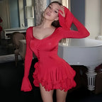 Absobe Women's A-Line Bodycon Mini Dress Ruffle Hem V-Neck Asymmetrical Buttons Long Sleeve Short Dress Party Streetwear Outfits - Matrix-studios.com