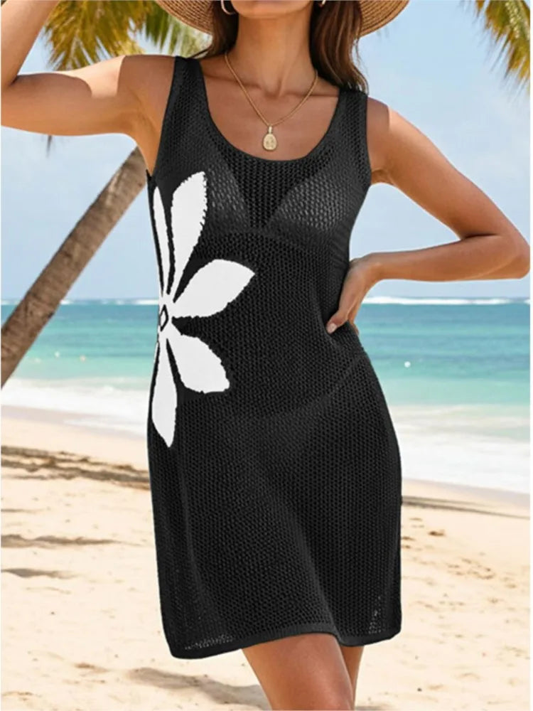 Sexy Women Knit Beach Dress Hollow-Out O-Neck Sleeveless Bikini Cover-Ups Dress Holiday Dress 2026 Summer Swimwear Beach - Matrix Studios