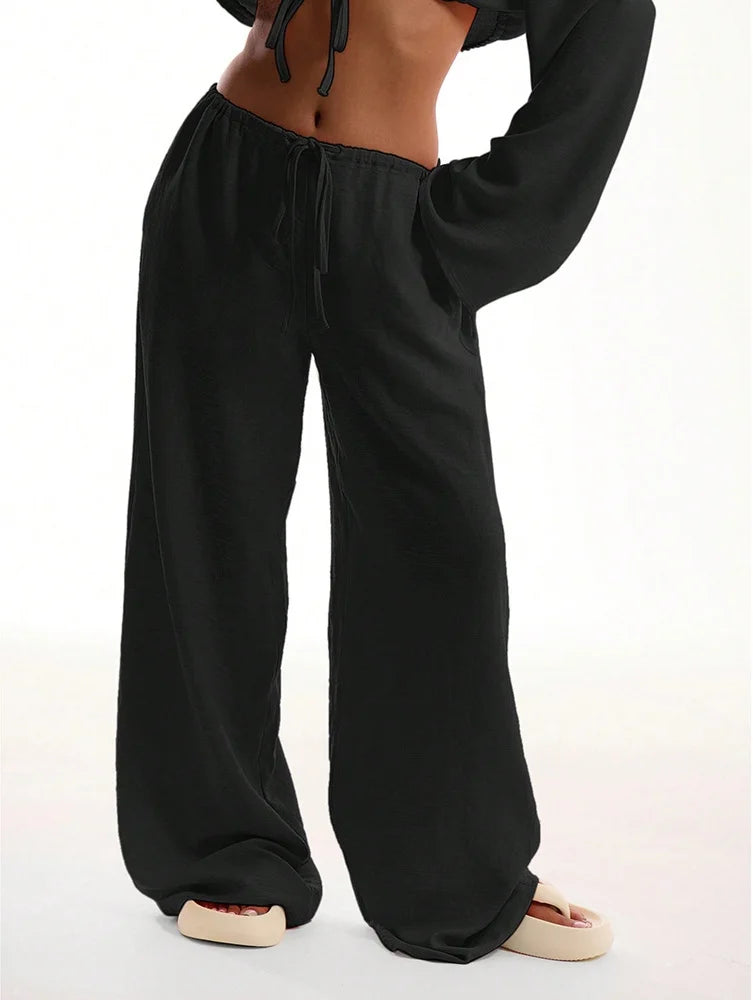 Elegant Cotton Linen Baggy Pants Fashion Women High Waist Drawstring Pocket Loose Wide Leg Pant Casual Streetwear New Trousers