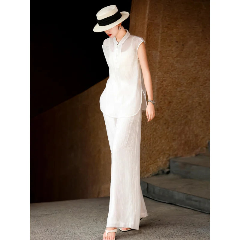 MEXCOCO New Summer Minimalist Old Money Style 2 Piece Outfit, Side Slit Top & Wide Leg Pants Matching Set for Women - Matrix-studios.com