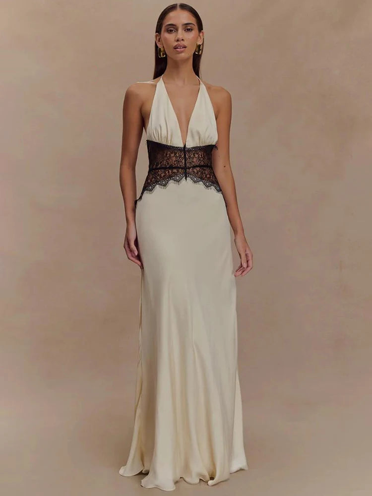 Mozision Summer Backless Sexy Maxi Dress Women Gown Patchwork Lace Halter Deep V Neck Sleeveless High Waist Elegant Long Dress - Matrix-studios.com