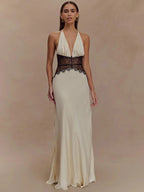 Mozision Summer Backless Sexy Maxi Dress Women Gown Patchwork Lace Halter Deep V Neck Sleeveless High Waist Elegant Long Dress - Matrix-studios.com