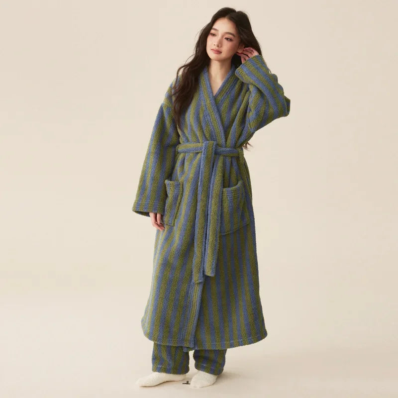 Thickened Flannel Robe Pants Pajamas Set Autumn Winter New Couple Coral Velvet Women Men Bathrobe Striped Lengthed Home Clothes - Matrix-studios.com