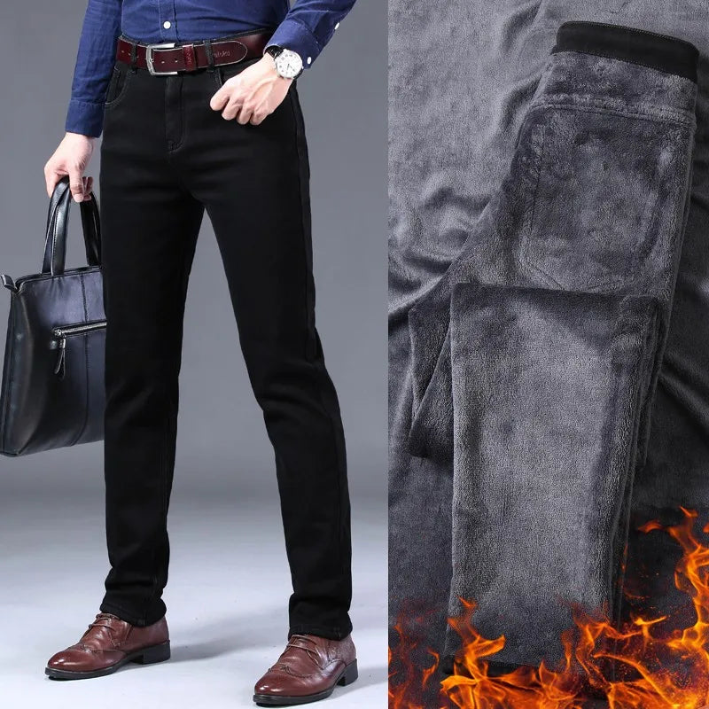 2025 New business casual Trousers Grey Fleece Men Clothes Black Elasticity Warm Winter Jeans Velvet Jeans - Matrix Studios