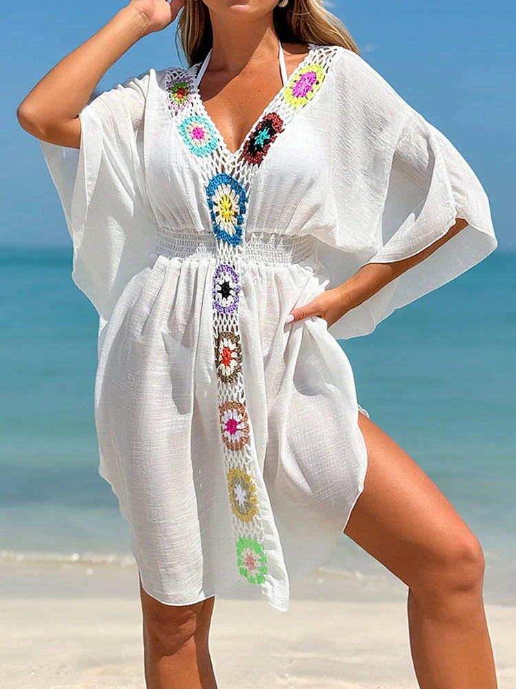 Crochet V Neck White Cover-Up Dress Beach Dress Cover-Ups Swimsuit Summer Bathing Suit Woman Summer Tunic Saida Praia Beachwear - Matrix Studios