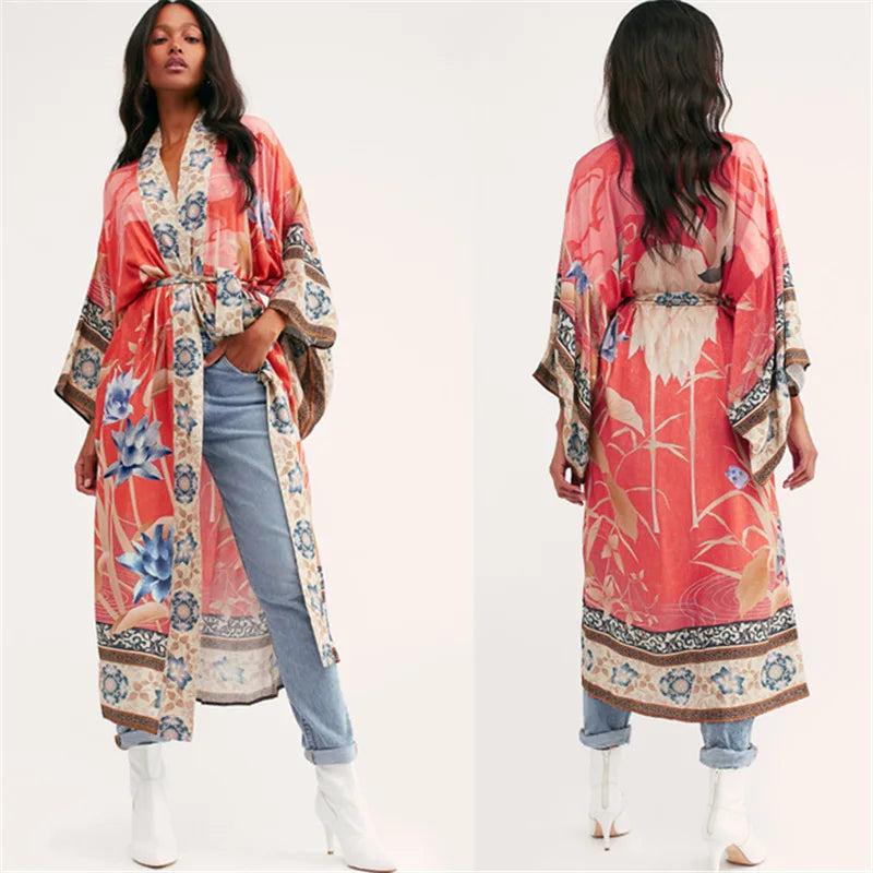 Floal Bikini Cover-ups Pink Boho Print Self Belted Front Open Long Kimono Dress Beach Tunic Women Swim Suit Cover Up - Matrix Studios