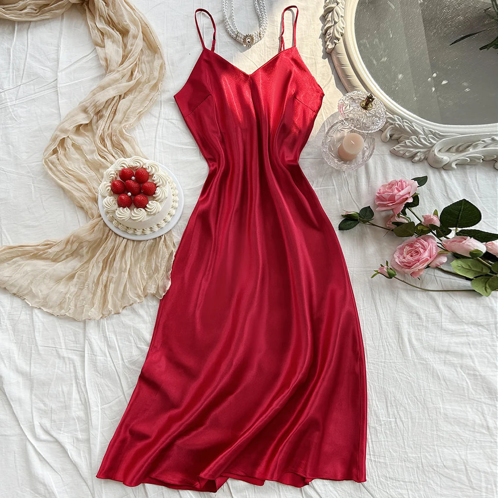 Elegant Women's Nightdress Sexy Comfortable Long Slip Dress Solid Color Pajamas For Women - Matrix-studios.com