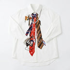 Yeezzi 2026 New Trendy Tie Printed White Shirts For Women Puff Sleeves Loose Buttoned Asymmetric Hem Streetwear Blouses - Matrix-studios.com