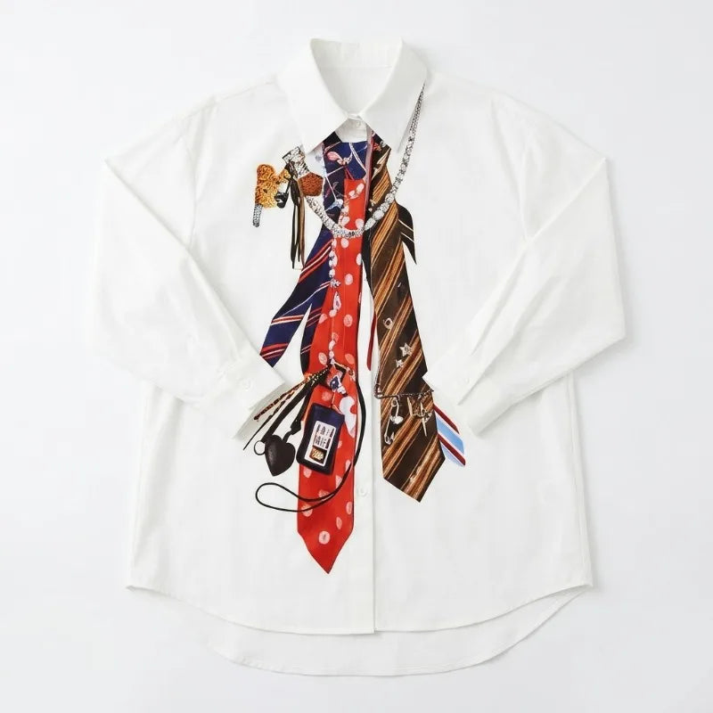 Yeezzi 2026 New Trendy Tie Printed White Shirts For Women Puff Sleeves Loose Buttoned Asymmetric Hem Streetwear Blouses - Matrix-studios.com