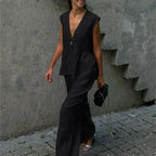 Fashion Women's Trouser Suits Sleeveless V-Neck Top Women Casual Straight Pants Sets Summer Women's Suit Commuter 2 Piece Set - Matrix-studios.com