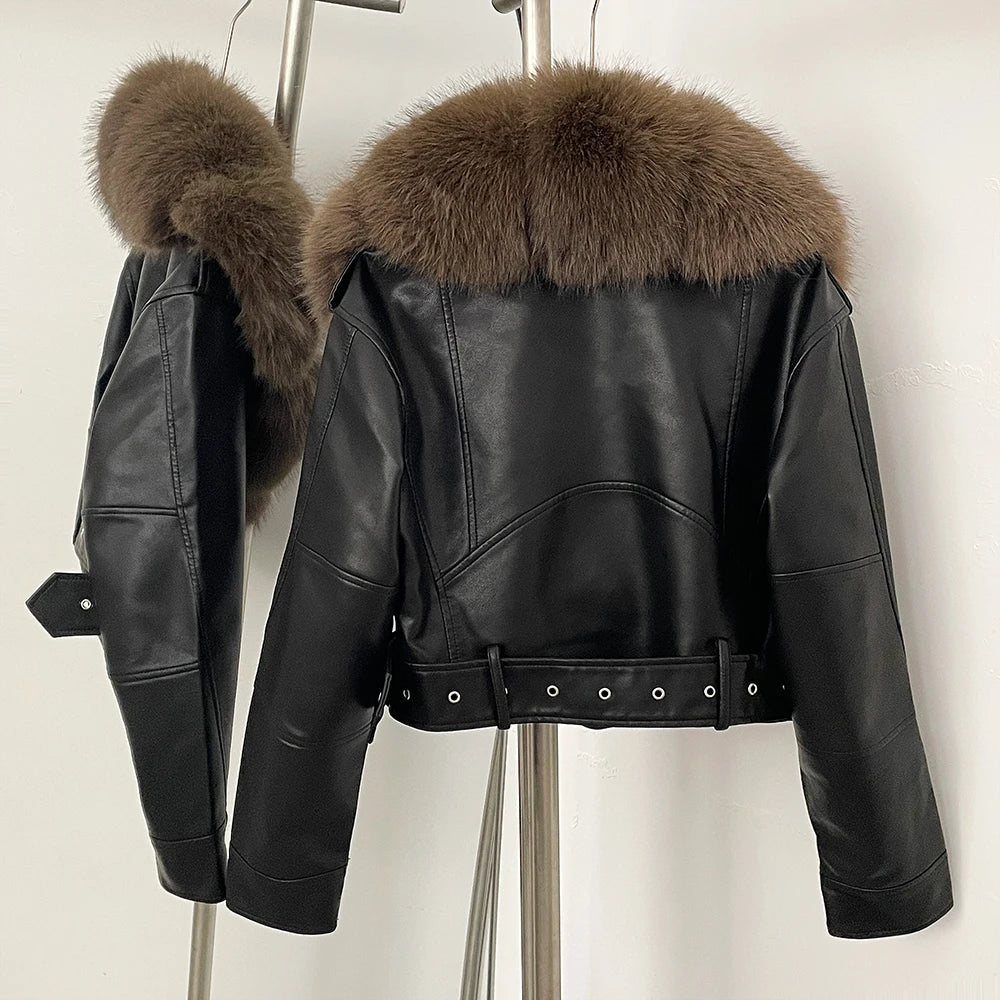 Fur Coat Eco-friendly Long Sleeve Autumn Faux Leather Jacket Short Clothing Female Spring New PU Fur Jacket Artificial Pockets - Matrix Studios
