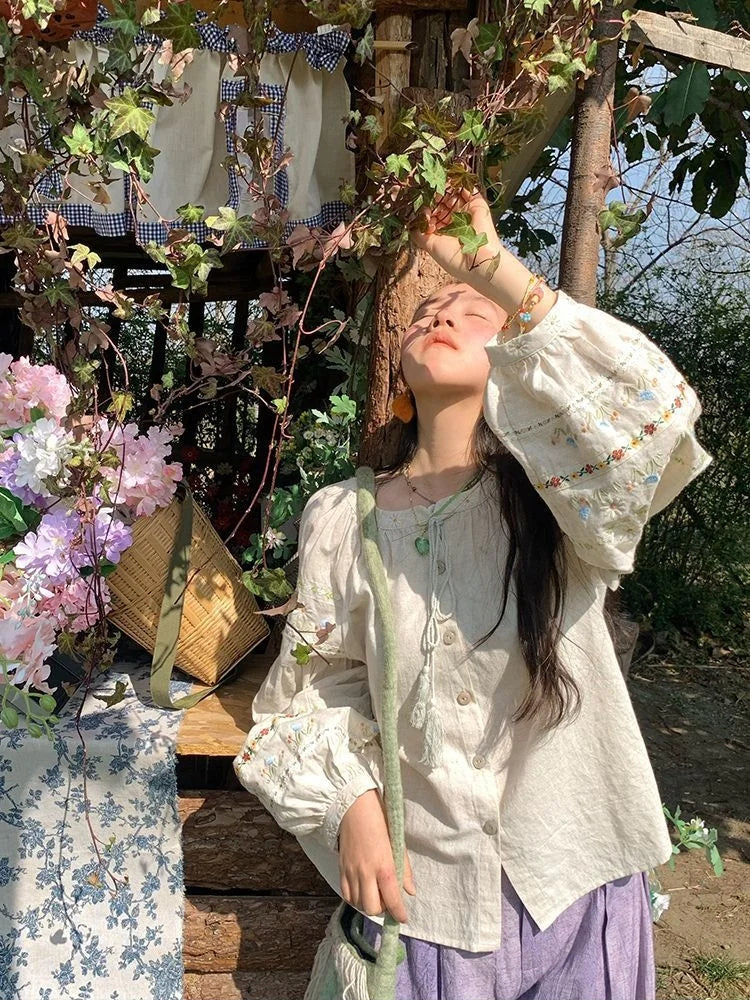 Women New Spring Floral Embroidery Blouse Vintage Casual Long Sleeve Shirt Top - Matrix-studios.com