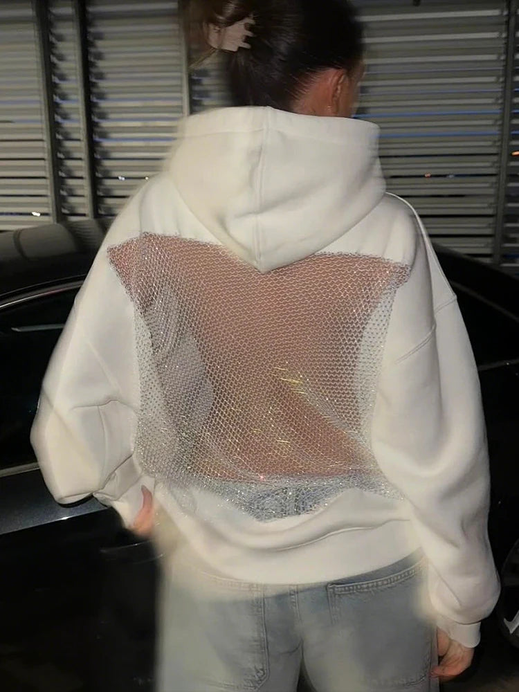 Weird Puss Harajuku Hooded Sweatshirt Women Autumn Trend Backless Glitter Mesh Patchwork Casual Streetwear Hipster Pulloverr - Matrix Studios