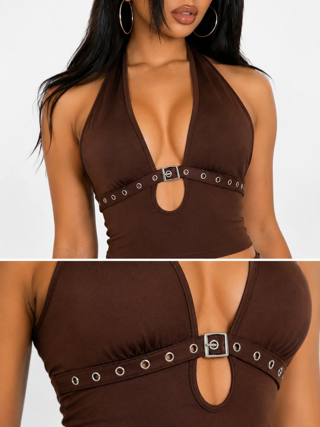 Women 2 Piece Outfits Halter Cutout Crop Top & Flare Pants Set, Metal Buckle Eyelet Detail Sleeveless Bodycon Matching Sets Y2K Club Co‑Ord - Matrix-studios.com
