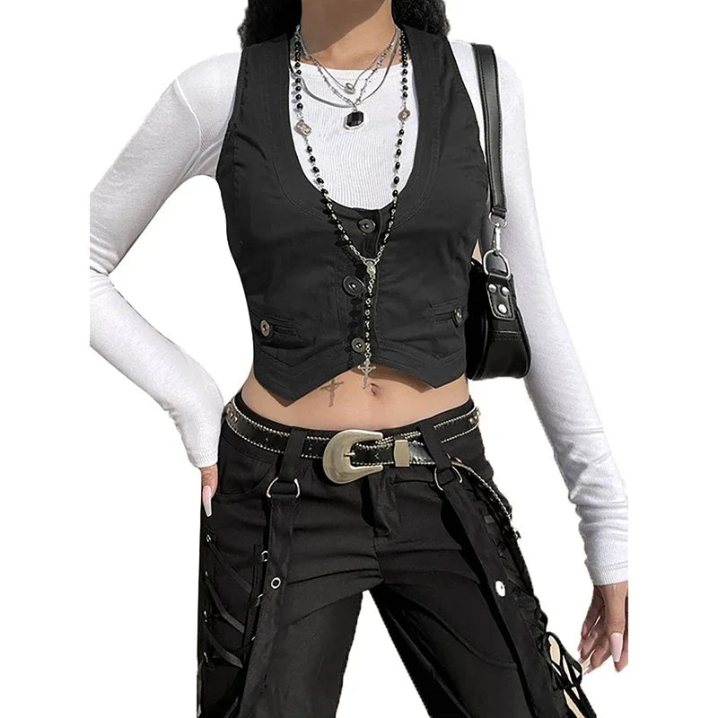 Combhasaki Y2K Vintage Women's Solid Color Irregular Hem Crop Vest Button-down U-shaped Neck Aesthetic Grunge Waistcoat Tops - Matrix Studios
