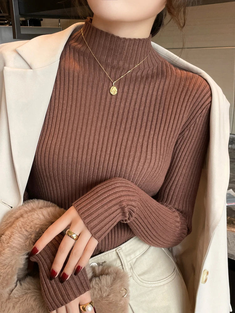 Solid Color Slim Tops Chic Autumn Winter 2026 Pullovers Women Long Sleeve Casual Turtleneck Warm Basic Sweater Knit Jumpers - Matrix-studios.com