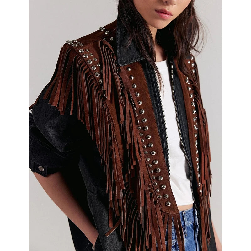 Combhasaki Women's Y2k Vintage Studded Suede Vest Coat 70s Hippie Outfits Sleeveless Open Front Tassel Patchwork Vest Collar - Matrix Studios