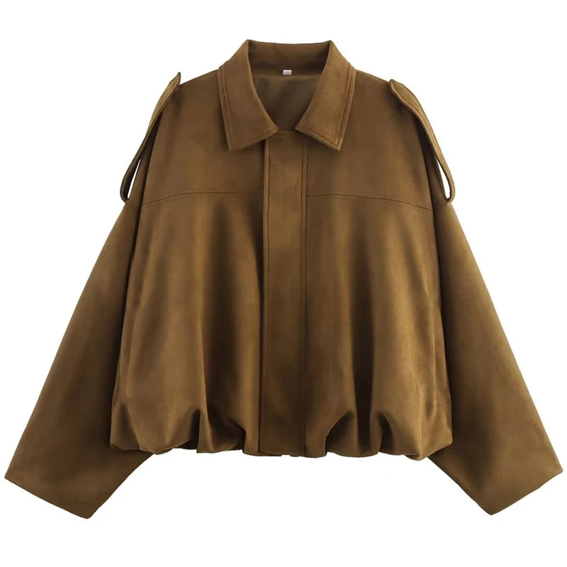 HXAO Women's Bomber Jacket Lapel Long Sleeve Zipper Suede Jacket Women 2025 High Street Cropped Racing Jackets Coats Outerwears - Matrix-studios.com