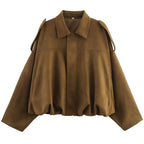 HXAO Women's Bomber Jacket Lapel Long Sleeve Zipper Suede Jacket Women 2025 High Street Cropped Racing Jackets Coats Outerwears - Matrix-studios.com