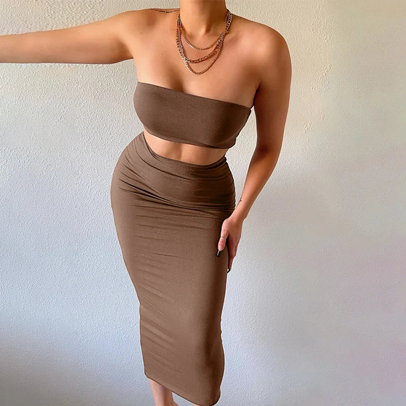 Hugcitar Women Elegant 2 Pcs Sets Strapless Sexy Tube Crop Tank Top Maxi Skirt 2025 Summer Women Casual Clothes Party Festival - Matrix-studios.com